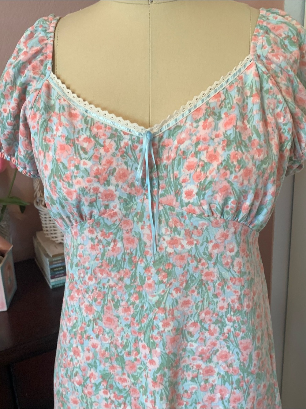 MONTEAU Floral Puff-Sleeve Coquette Peasant Dress - Pink & Green